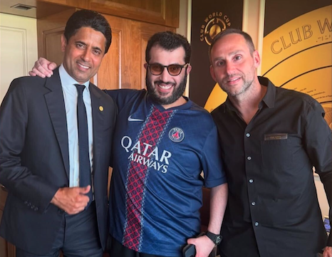 Turki Al-Sheikh, Chairman of Saudi Arabia’s General Entertainment Authority, wears a Qatar Paris Saint-Germain soccer club jersey as he meets with Qatari businessman Nasser bin Ghanim Al-Khelaifi, the President of PSG, and Michael Rubin, the CEO of digital sports platform Fanatics, on the sidelines of the FIFA Club World Cup at MetLife stadium in New Jersey yesterday. PSG defeated Real Madrid 4-0 and will play Chelsea in the final on Sunday. (Turki Al-Sheikh/ Instagram)